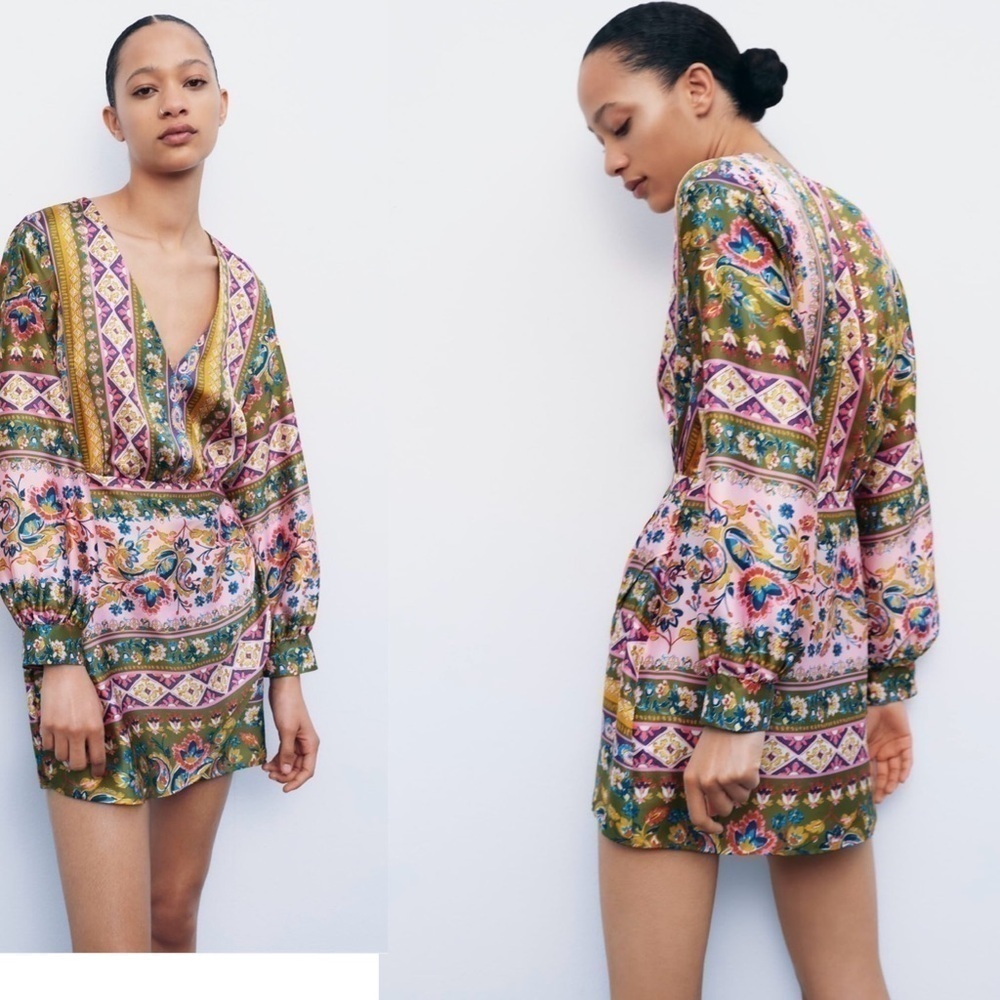 Zara multicoloured paisley print satin effect long sleeve faux wrap V-neck dress